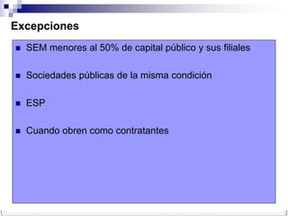 Excepciones
   SEM menores al 50% de capital público y sus filiales

   Sociedades públicas de la misma condición

   ESP

   Cuando obren como contratantes
 