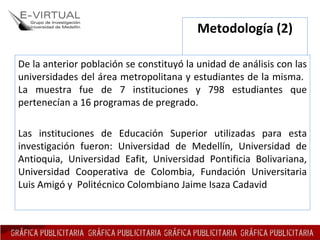 Metodología (2) De la anterior población se constituyó la unidad de análisis con las universidades del área metropolitana ...