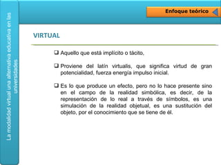 Enfoque teórico Aquello que está implícito o tácito,  Proviene del latín virtualis, que significa virtud de gran potencialidad, fuerza energía impulso inicial.  Es lo que produce un efecto, pero no lo hace presente sino en el campo de la realidad simbólica, es decir, de la representación de lo real a través de símbolos, es una simulación de la realidad objetual, es una sustitución del objeto, por el conocimiento que se tiene de él. VIRTUAL 