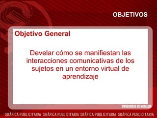 OBJETIVOS Objetivo General  Develar cómo se manifiestan las interacciones comunicativas de los sujetos en un entorno virtual de aprendizaje 