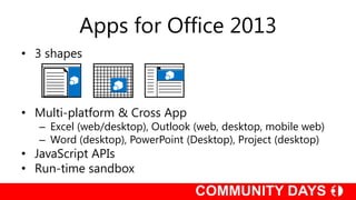Apps for Office 2013
• 3 shapes



• Multi-platform & Cross App
   – Excel (web/desktop), Outlook (web, desktop, mobile web)
   – Word (desktop), PowerPoint (Desktop), Project (desktop)
• JavaScript APIs
• Run-time sandbox
 