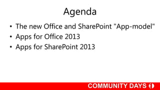 Agenda
• The new Office and SharePoint "App-model"
• Apps for Office 2013
• Apps for SharePoint 2013
 