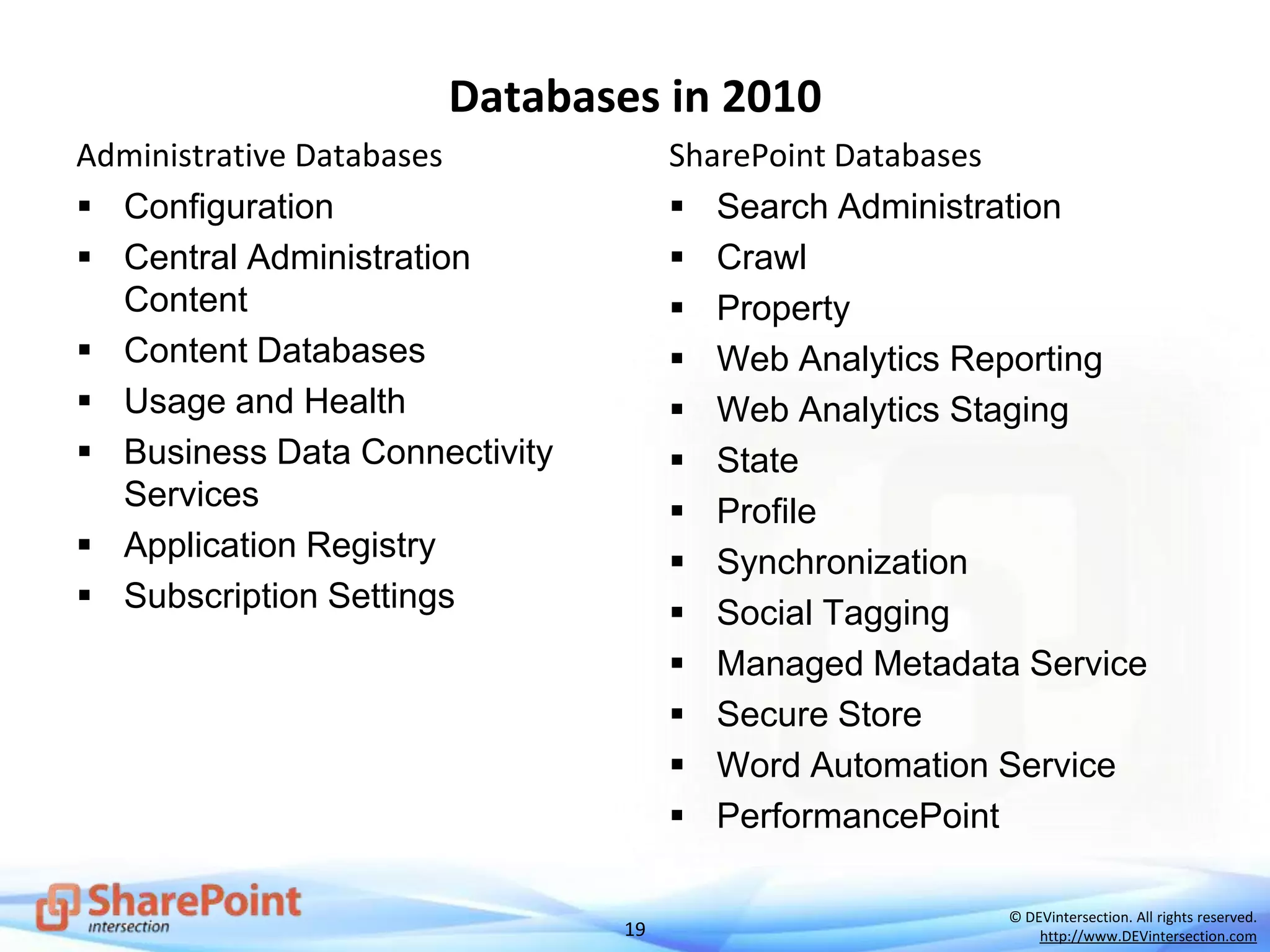 19
© DEVintersection. All rights reserved.
http://www.DEVintersection.com
Databases in 2010
Administrative Databases
 Configuration
 Central Administration
Content
 Content Databases
 Usage and Health
 Business Data Connectivity
Services
 Application Registry
 Subscription Settings
SharePoint Databases
 Search Administration
 Crawl
 Property
 Web Analytics Reporting
 Web Analytics Staging
 State
 Profile
 Synchronization
 Social Tagging
 Managed Metadata Service
 Secure Store
 Word Automation Service
 PerformancePoint
 
