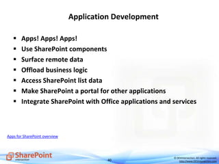40
© DEVintersection. All rights reserved.
http://www.DEVintersection.com
Application Development
 Apps! Apps! Apps!
 Use SharePoint components
 Surface remote data
 Offload business logic
 Access SharePoint list data
 Make SharePoint a portal for other applications
 Integrate SharePoint with Office applications and services
Apps for SharePoint overview
 