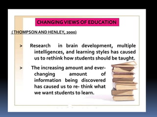 CHANGINGVIEWSOF EDUCATION 
(THOMPSONAND HENLEY, 2000) 
> Research in brain development, multiple 
intelligences, and learning styles has caused 
us to rethink how students should be taught. 
> The increasing amount and ever-changing 
amount of 
information being discovered 
has caused us to re- think what 
we want students to learn. 
 