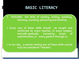 BASIC LITERACY 
> Includes the skills of reading, writing, speaking, 
listening, counting, perceiving and drawing. 
> Every one of these skills should be taught and 
reinforced by every teacher, in every subject, 
and with gradually increasing levels of 
sophistication, in every grade K through 12. 
> In our day , a person lacking any of these skills cannot 
truly be considered “ literate”. 
 