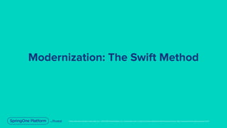 Unless otherwise indicated, these slides are © 2013-2019 Pivotal Software, Inc. and licensed under a Creative Commons Attribution-NonCommercial license: http://creativecommons.org/licenses/by-nc/3.0/
Modernization: The Swift Method
 