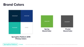 Unless otherwise indicated, these slides are © 2013-2019 Pivotal Software, Inc. and licensed under a Creative Commons Attribution-NonCommercial license: http://creativecommons.org/licenses/by-nc/3.0/
Brand Colors
SpringOne Platform 2019
Primary Colors
Spring
Brand Color
Pivotal
Brand Color
#1ab9a5ﬀ
#13377dﬀ
#ﬀﬀﬀﬀ
#6db33ﬀf #1ab9a5ﬀ
#00253eﬀ
 