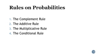 1. The Complement Rule
2. The Additive Rule
3. The Multiplicative Rule
4. The Conditional Rule
12
 