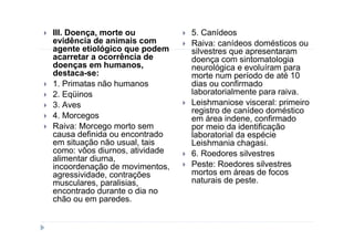 III. Doença, morte ou           5. Canídeos
evidência de animais com        Raiva: canídeos domésticos ou
agente etiológico que podem     silvestres que apresentaram
acarretar a ocorrência de       doença com sintomatologia
doenças em humanos,             neurológica e evoluíram para
destaca-se:                     morte num período de até 10
1. Primatas não humanos         dias ou confirmado
2. Eqüinos                      laboratorialmente para raiva.
3. Aves                         Leishmaniose visceral: primeiro
                                registro de canídeo doméstico
4. Morcegos                     em área indene, confirmado
Raiva: Morcego morto sem        por meio da identificação
causa definida ou encontrado    laboratorial da espécie
em situação não usual, tais     Leishmania chagasi.
como: vôos diurnos, atividade   6. Roedores silvestres
alimentar diurna,
incoordenação de movimentos,    Peste: Roedores silvestres
agressividade, contrações       mortos em áreas de focos
musculares, paralisias,         naturais de peste.
encontrado durante o dia no
chão ou em paredes.
 