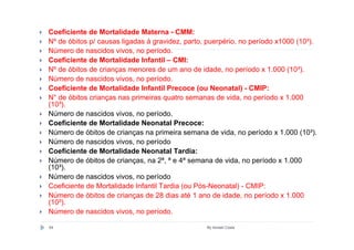 Coeficiente de Mortalidade Materna - CMM:
Nº de óbitos p/ causas ligadas à gravidez, parto, puerpério, no período x1000 (10³).
Número de nascidos vivos, no período.
Coeficiente de Mortalidade Infantil – CMI:
Nº de óbitos de crianças menores de um ano de idade, no período x 1.000 (10³).
Número de nascidos vivos, no período.
Coeficiente de Mortalidade Infantil Precoce (ou Neonatal) - CMIP:
N° de óbitos crianças nas primeiras quatro semanas de vida, no período x 1.000
(10³).
Número de nascidos vivos, no período.
Coeficiente de Mortalidade Neonatal Precoce:
Número de óbitos de crianças na primeira semana de vida, no período x 1.000 (10³).
Número de nascidos vivos, no período
Coeficiente de Mortalidade Neonatal Tardia:
Número de óbitos de crianças, na 2ª, ª e 4ª semana de vida, no período x 1.000
(10³).
Número de nascidos vivos, no período
Coeficiente de Mortalidade Infantil Tardia (ou Pós-Neonatal) - CMIP:
Número de óbitos de crianças de 28 dias até 1 ano de idade, no período x 1.000
(10³).
Número de nascidos vivos, no período.

54                                               By Ismael Costa
 