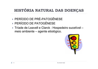 HISTÓRIA NATURAL DAS DOENÇAS

    PERÍODO DE PRÉ-PATOGÊNESE
    PERÍODO DE PATOGÊNESE
    Tríade de Leavell e Clarck : Hospedeiro sucetível –
    meio ambiente – agente etiológico.




9                                  By Ismael Costa
 