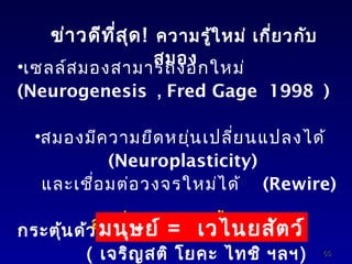 ข่า วดีท ส ุด ! ความรู้ใ หม่ เกี่ย วกับ
ี่

สมอง
•เซลล์ส มองสามารถงอกใหม่
(Neurogenesis , Fred Gage 1998 )
•สมองมีค วามยืด...