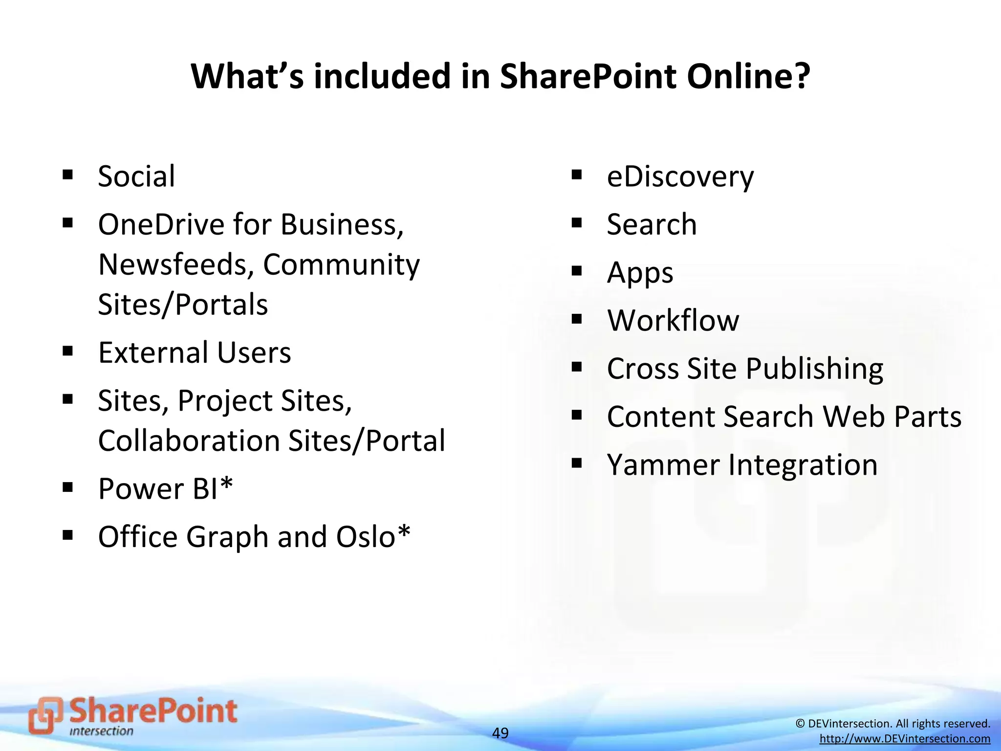 49
© DEVintersection. All rights reserved.
http://www.DEVintersection.com
What’s included in SharePoint Online?
 Social
 OneDrive for Business,
Newsfeeds, Community
Sites/Portals
 External Users
 Sites, Project Sites,
Collaboration Sites/Portal
 Power BI*
 Office Graph and Oslo*
 eDiscovery
 Search
 Apps
 Workflow
 Cross Site Publishing
 Content Search Web Parts
 Yammer Integration
 
