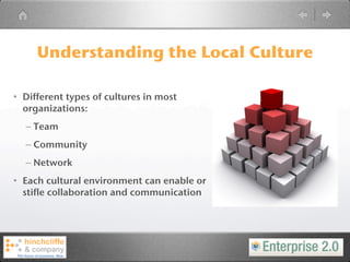 Understanding the Local Culture

• Different types of cultures in most
  organizations:
  – Team
  – Community
  – Network
• Each cultural environment can enable or
  stifle collaboration and communication
 