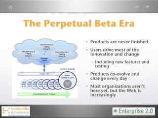 The Perpetual Beta Era
            • Products are never finished
            • Users drive most of the
              innovation and change
              – Including new features and
                testing
            • Products co-evolve and
              change every day
            • Most organizations aren’t
              here yet, but the Web is
              increasingly
 