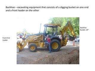 Backhoe – excavating equipment that consists of a digging bucket on one end
   and a front loader on the other




                                                                      Backhoe
                                                                      Bucket: 24”



Front End
Loader
 