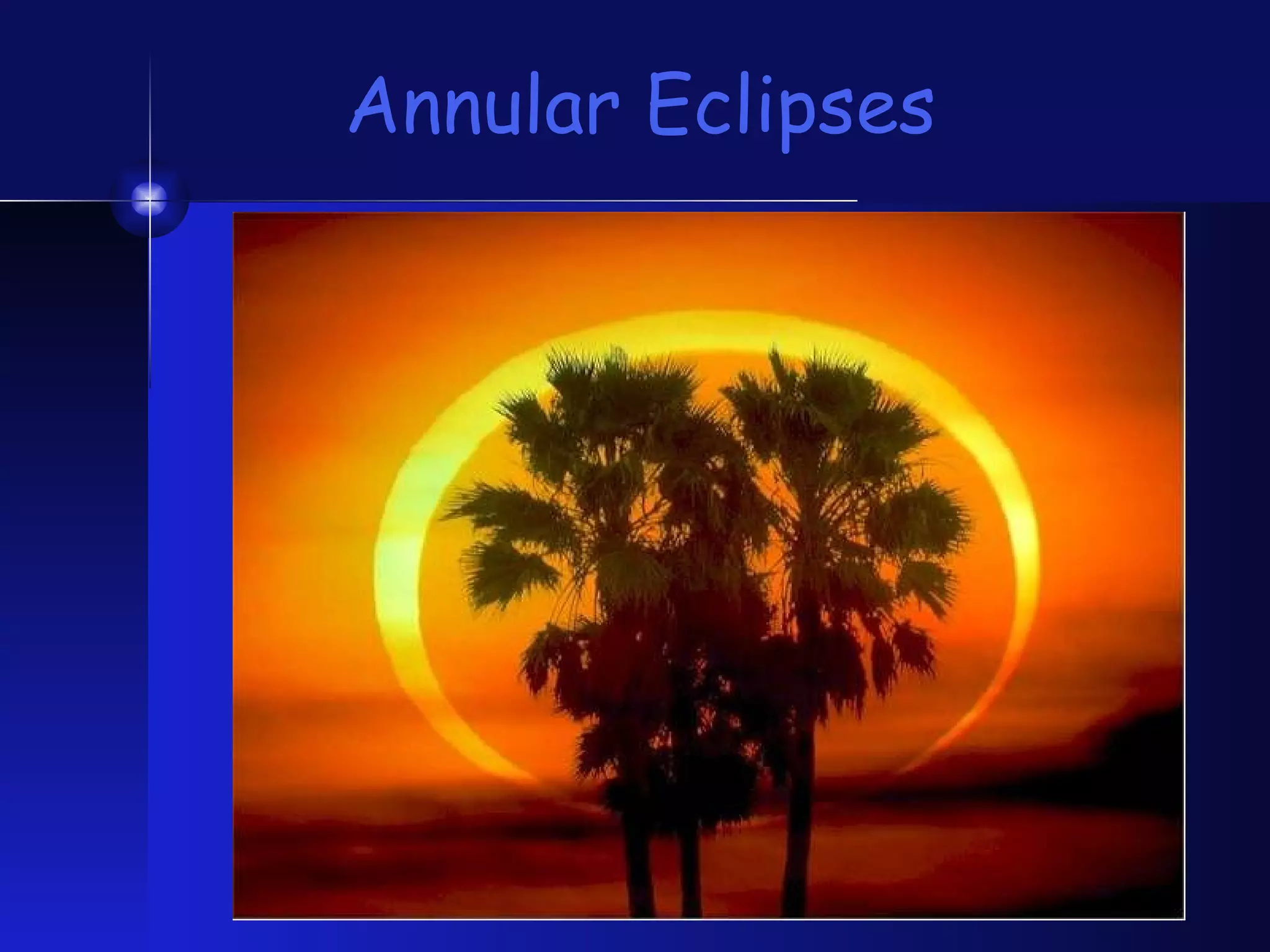 Annular Eclipses The Moon’s distance from Earth changes during the year, and when it is farthest away (at its “apogee”) it looks smaller. If an eclipse happens at this point, the moon looks too small  to completely block the sun, so you see an “annular eclipse.” 