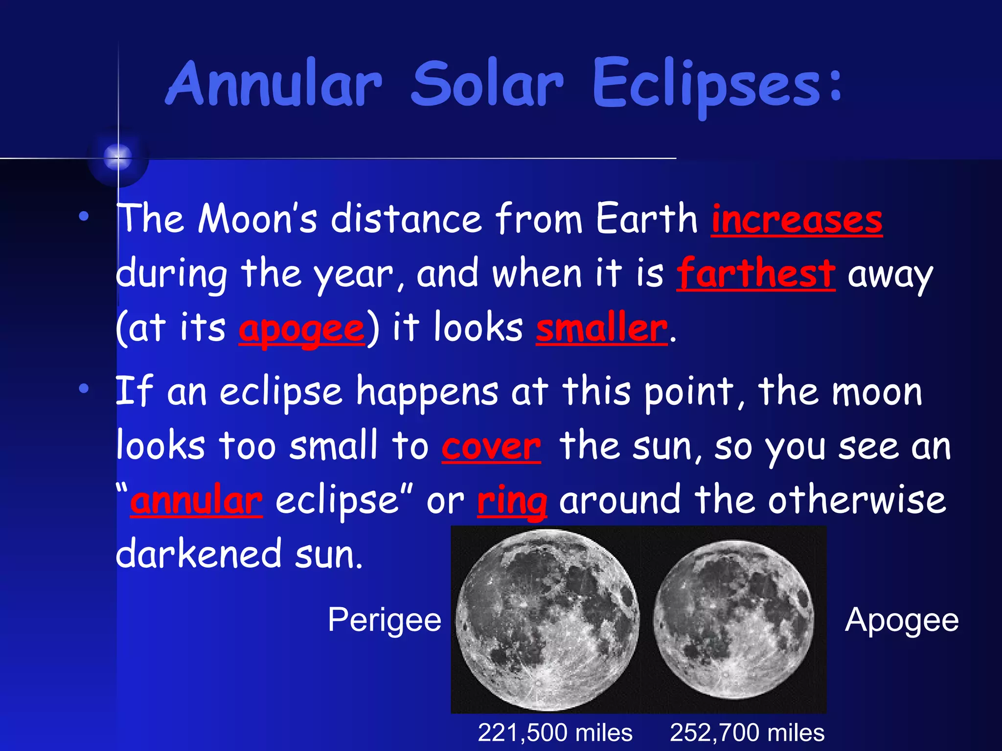 Annular Solar Eclipses: The Moon’s distance from Earth  increases  during the year, and when it is  farthest  away (at its  apogee ) it looks  smaller . If an eclipse happens at this point, the moon looks too small to  cover   the sun, so you see an “ annular  eclipse” or  ring  around the otherwise darkened sun.  Apogee Perigee 221,500 miles 252,700 miles 