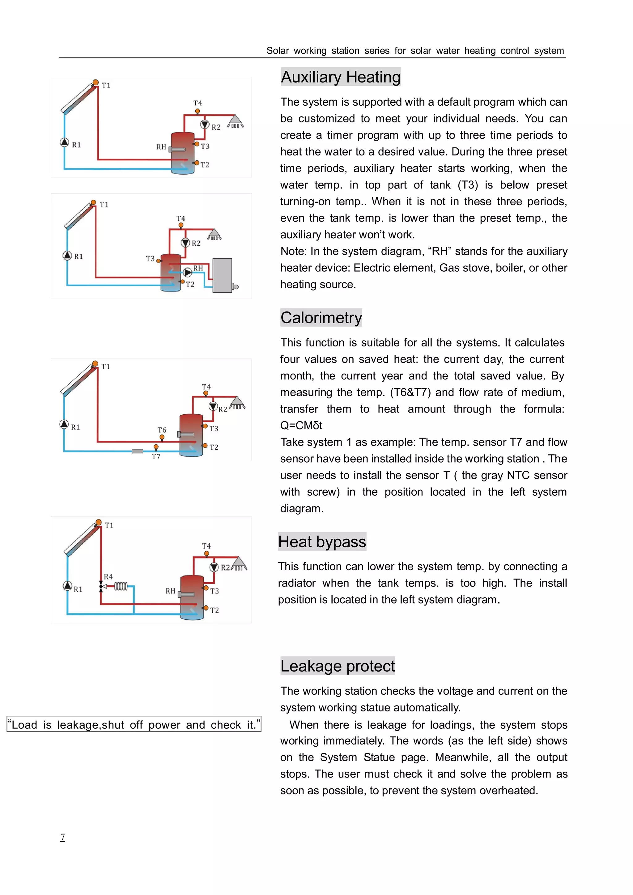 Solar working station series for solar water heating control system
7
Auxiliary Heating
The system is supported with a default program which can
be customized to meet your individual needs. You can
create a timer program with up to three time periods to
heat the water to a desired value. During the three preset
time periods, auxiliary heater starts working, when the
water temp. in top part of tank (T3) is below preset
turning-on temp.. When it is not in these three periods,
even the tank temp. is lower than the preset temp., the
auxiliary heater won’t work.
Note: In the system diagram, “RH” stands for the auxiliary
heater device: Electric element, Gas stove, boiler, or other
heating source.
Calorimetry
This function is suitable for all the systems. It calculates
four values on saved heat: the current day, the current
month, the current year and the total saved value. By
measuring the temp. (T6&T7) and flow rate of medium,
transfer them to heat amount through the formula:
Q=CMδt
Take system 1 as example: The temp. sensor T7 and flow
sensor have been installed inside the working station . The
user needs to install the sensor T ( the gray NTC sensor
with screw) in the position located in the left system
diagram.
Heat bypass
This function can lower the system temp. by connecting a
radiator when the tank temps. is too high. The install
position is located in the left system diagram.
Leakage protect
The working station checks the voltage and current on the
system working statue automatically.
“Load is leakage,shut off power and check it.” When there is leakage for loadings, the system stops
working immediately. The words (as the left side) shows
on the System Statue page. Meanwhile, all the output
stops. The user must check it and solve the problem as
soon as possible, to prevent the system overheated.
 