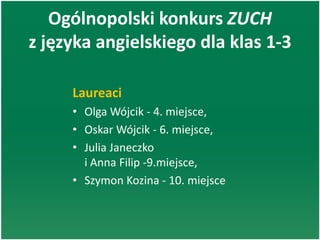Ogólnopolski konkurs ZUCH
z języka angielskiego dla klas 1-3
Laureaci
• Olga Wójcik - 4. miejsce,
• Oskar Wójcik - 6. miejsce,
• Julia Janeczko
i Anna Filip -9.miejsce,
• Szymon Kozina - 10. miejsce
 