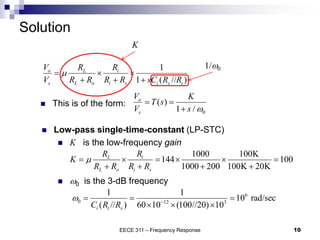 Solution
EECE 311 – Frequency Response 10
1
1 ( // )
o i
L
s L o i s i s i
V R
R
V R R R R sC R R

  
  
0
( )
1 /
o
s
V K
T s
V s w
 

 This is of the form:
K
1/w0
 Low-pass single-time-constant (LP-STC)
 K is the low-frequency gain
 w0 is the 3-dB frequency
1000 100K
144 100
1000 200 100K 20K
i
L
L o i s
R
R
K
R R R R

     
   
6
0 12 3
1 1
10 rad/sec
( // ) 60 10 (100//20) 10
i i s
C R R
w 
  
  
 