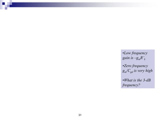  
   
   
'
' ' ' ' 2 ' '
' 2
1 2
1 2
1
1
1 1
1 1
1
1 1
1
gd
m L
m
o
sig gs gd m L sig L gd L L gd gs L gd sig L
M M
Z Z
o m
Z
sig gd
P P
P
C
g R s
g
V
V s C C g R R C C R s C C C C C R R
s s
A A
V g
V b s b s C
s s
s
w w
w
w w
w
 
 
 
 

   
       
 
 
   
 
   
   
   
    
 
  
  
 



   
   
 
2
2 1 2 1 2
1 ' ' '
' ' '
2 ' '
1 1 1
1 1
1
1
1
P P P P P
P
gs gd m L sig L gd L
gs gd m L sig L gd L
P
L gd gs L gd sig L
s
s s
C C g R R C C R
C C g R R C C R
C C C C C R R
w w w w w
w
w
   
    
   
   
 
 
   
 
 
   
 
 
 
 
 
1 2
negligible ( 0) if P P
w w
 
31
•Low frequency
gain is –gmR’L
•Zero frequency
gm/Cgd is very high
•What is the 3-dB
frequency?
 