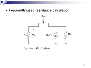  Frequently-used resistance calculation
41
RX RY
gmVX
VX
+
-
RXY
(1 ) where
(1 ) where
XY X Y m X Y
XY Y X Y Y m Y
XY X Y X X m X
R R R g R R
R R R g R
R R R g R
 
 
  
   
   
 