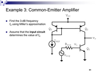 Example 3: Common-Emitter Amplifier
 Find the 3-dB frequency
fH using Miller’s approximation
 Assume that the input circuit
determines the value of fH
51
vi
Q3
IREF
Q2
Q1
vo
VCC
Rsig
vsig
 