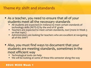 Theme #3: shift and standards

• As a teacher, you need to ensure that all of your
  students meet all the necessary standards
  • All students are expected (in Indiana) to meet certain standards of
    technology skills (NETS-S) by the end of 8th grade
  • Teachers are expected to meet certain standards, too! (more in Week 3
    on that topic)
  • Administrators are looking for teachers who are excellent at navigating
    all of this SHIFT

• Also, you must find ways to document that your
  students are meeting standards, sometimes in the
  most efficient way
  • Technological tools can help
  • We will be looking at some of these this semester along the way

 EDUC W200 Week 1
 
