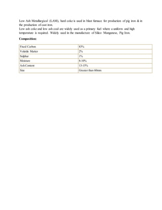 Low Ash Metallurgical (LAM), hard coke is used in blast furnace for production of pig iron & in
the production of cast iron.
Low ash coke and low ash coal are widely used as a primary fuel where a uniform and high
temperature is required. Widely used in the manufacture of Silico Manganese, Pig Iron.
Composition:
Fixed Carbon 83%
Volatile Matter 2%
Sulphur 1%
Moisture 8-10%
Ash Content 13-15%
Size Greater than 60mm
 