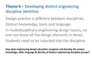 Theme 6 – Developing distinct engineering
discipline identities
How does engineering design education recognise and develop the unique
knowledge, skills, language & identity of distinct engineering discipline groups?
Design practice is different between disciplines.
Distinct knowledge, tools and language.
In multidisciplinary engineering design teams, no
one can know all the design elements in detail.
Students need to be inducted into the discipline.
 