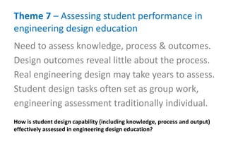 Theme 7 – Assessing student performance in
engineering design education
How is student design capability (including knowledge, process and output)
effectively assessed in engineering design education?
Need to assess knowledge, process & outcomes.
Design outcomes reveal little about the process.
Real engineering design may take years to assess.
Student design tasks often set as group work,
engineering assessment traditionally individual.
 