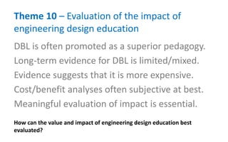 Theme 10 – Evaluation of the impact of
engineering design education
How can the value and impact of engineering design education best
evaluated?
DBL is often promoted as a superior pedagogy.
Long-term evidence for DBL is limited/mixed.
Evidence suggests that it is more expensive.
Cost/benefit analyses often subjective at best.
Meaningful evaluation of impact is essential.
 