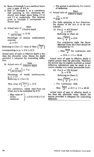 b)
Cl
a>
Beam of Example 3, as a cantilever beam
over a span of 4.0 m
Slab .of Example 2, as a continuous
slab spanning in two directions the
shorter and longer spans being, 2.5 m
and 3.5 m respectively. The moment
given in Example 2 corresponds to
shorter spa’n.
Actual ratio of
Span
Eflective depth
= (56.;5;,oo) = 13.33
Percentage of tension reinforcement
required,
pt = 0.6
Referring to Char1 22, value of Max
Span
( >
T
corresponding to Pt = 0.6, is 22.2.
Actual ratio of span to effective depth is less
than the allowable value. Hence the depth
provided is adequate for controlling deflec-
tion.
b) Actual ratio of
Span
Etfective depth
‘(d&J = 7.11
Percentage of tensile reinforcement,
pr = 1.117
Referring to Churl 22,
Max value of %!a? = 21.0
( 1Cl
For cantilevers, values read from the
Chart are to be multiplied by 0.35.
:. Max value of 1
I/d for ) =21.0x0*35=7.35
cantilever J
* The section is satisfactory for control. .
of deflection.
c) Actual ratio of
Span
Effective depth
2.5=-= 31.25
0.08
(for slabs spanning in two directions,
the shorter of the two is to be con-
sidered)
(i) Forfv = 415 N/mm2
pt = 0,475
Referring to Chart 22,
Max Span = 23.6
(-> d
For continuous slabs the factor
obtained from the Chart should be
multiplied by 1.3.
:. Max “7 for continuous slab
= 23.6 x 1.3 F 30.68
Actual ratio of span to effective depth is
slightly greater than the allowable. Therefore
the section may be slightly modified or actual
deflection calculations may be made to as-
certain whether it is within permissible limits.
(ii) F0r.j; = 250 N/mm2
pt = 0.78
Referring to Chart 21,
Max Span = 31.3
(-1 d
:. For continuous slab,
Max %% = 31.3 x 1.3
d
= 40.69
Actual ratio of span to effective depth is
less than the allowable value. Hence the
section provided is adequate for controlling
deflection.
16 DESIGN AIDS FOR REINFORCED CONCRETE
 