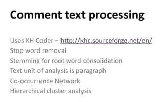 Uses KH Coder – http://khc.sourceforge.net/en/
Stop word removal
Stemming for root word consolidation
Text unit of analysis is paragraph
Co-occurrence Network
Hierarchical cluster analysis
Comment text processing
 