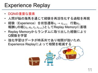 Experience Replay
• DQNの重要な要素
• 人間が脳の海馬を通じて経験を再活性化する過程を再現
• 経験（Experience）を状態遷移𝑠𝑡 → 𝑠𝑡+1，行動𝑎 𝑡，
報酬𝑟𝑡の組 𝑠𝑡, 𝑎 𝑡, 𝑟𝑡, 𝑠𝑡+1 としてReplay Memoryに蓄積
• Replay Memoryからランダムに取り出した経験により
Q関数を学習
• 強化学習はデータが時系列であり相関が強いため，
Experience Replayによって相関を軽減する
11
 