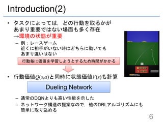 Introduction(2)
• タスクによっては，どの行動を取るかが
あまり重要ではない場面も多く存在
→環境の状態が重要
– 例：レースゲーム
近くに相手がいない時はどちらに動いても
あまり違いはない
• 行動価値Q(s,a)と同時に状態価値V(s)も計算
– 通常のDQNよりも高い性能を示した
– ネットワーク構造の提案なので，他のDRLアルゴリズムにも
簡単に取り込める
6
Dueling Network
行動毎に価値を学習しようとするため時間がかかる
 