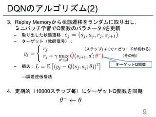 DQNのアルゴリズム(2)
3. Replay Memoryから状態遷移をランダムに取り出し，
ミニバッチ学習でQ関数のパラメータqを更新
– 取り出した状態遷移：
– ターゲット（教師信号）：
– 損失：
→誤差逆伝播法
4. 定期的（10000ステップ毎）にターゲットQ関数を同期
9
（ステップ𝑗 + 1でエピソードが終わる）
（その他）
ターゲットQ関数
 