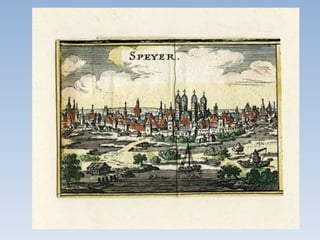 Stadttore und Türme
Marxtor (3)
Armbrusterturm
Trinksalzturm
Speyerer Ratsprotokoll 1667
Altpörtel Kreuztor Neupörtel
Fischertor Kühtor Niclauspörtlein
Gilgentor Marxtor Wormser Tor
Klipfeltor Mühltörlein
Speyerer Ratsprotokoll 1667
Armbrusterturm Pfennigturm
Eurichsturm Trinksalzturm
Judenturm Weißer Turm
Lcichturm
Personen: Bürgermeister und Rat
Speyerer Ratsprotokoll 1667, 15. Nov.
Bürgermeister
Wilhelm Bitto
Johann Anthoni
Alte Bürgermeister
Johann Mühlberger
Franz Lepper
Ratsherren
Johann Paul Fuchs
Hans Martin Weiß
Christoph Lohr
Hans Daniel Kimmich
Georg Albrecht Müller
Georg Zeitböß
Philipp Hellinger
Personen: Ratskonsulenten (Syndici)
Dr. Wolfgang Jacob Piccart
(1626-1677)
Ratskonsulent seit 1653
Dr. Johannes Bösch
(? -1674)
Ratskonsulent seit 1651
Gustav Adolph Hiltebrandt
* 2. Febr.. 1632 Stargard/Pommern
1673-1689 Pfarrer an St. Georgen
nach 1689 Pfarrer in St. Goar
+ 22. Febr. 1695 Frankfurt a. M.
Elisabeth Ursula Schragmüller
* 4. Sept. 1636 Marburg
- vor 1675 Speyer

4. Sept. 1658
Speyer
Johann Conrad Schragmüller
* um 1605 Grünstadt
1634 Dissertation Marburg (Dr. theol.)
1639-1675 luth. Pfarrer zu den Predigern
+ 10. März 1675 Speyer
Barbara Katharina Scheibler
* 13. Juni 1617 Gießen
+ ?

1634
Dortmund
11 Kinder, darunter:
Personen: Pfarrer
Speyerer Ratsprotokoll 1667, 18. Sept.
Herrn Pfarrer Hildebrand . . . . seiner Haußfrawen großen ungeziemenden Pracht . . . . . . .
seiner Frauen frantzösischen Moden und Pracht . . . . . . seiner Haußfrawen dergleichen
Hoffarth in Kleidungen . . . .
Wann der Herr Pfarrer das Württenberger Land und andere evangelische Städte und Orth
durchgehen solte, würde er nirgends finden, daß dergleichen Pracht in Kleidung ahn der
Pfarrherren Haußfrawen gestattet werde . . .
Speyerer Ratsprotokoll 1667, 18. Sept.
. . . . So vihl nun der Vorhalt wegen seiner Frawen Pracht belangen thue, verwundere er sich,
das mann ihme solches so schimpflich untersage; hette wohl uff eine andere Mannier
geschehen können. Wan mann eine Kleidter Ordnung machte, solte mann den Anfang ahn den
Stattschreibers Weibern machen. Seine Fraw seye eines Doctoris Tochter, er hab die Kleidtung
also ahn ihm gefunden, wie sie sich anietzo trage. Man sollte es seiner Frawen Vatter und
Mutter andeuten laßen, daß ihr solches untersagen, er woll das Seinige dabey tun . . .
ReichskammergerichtPersonen: Stadt- und Ratsschreiber
• Nikolaus Lorenz Brümmer
• Johann Melchior Fuchs
• Johann Henrich Gabler
• Josaphat König
Taufbuch Prediger 1635, 27. Dez.
Nicolaus Laurentius Brümmer, Stattschreiber
Maria Elisabeth Schönin
Taufbuch St. Georgen 1614, 12. Aug.
Taufe von Nicolaus Laurentius
Sohn von Lorenz Bremmer,
Gastgeber zur Crone,
und Anna Maria Döngis
• Nikolaus Lorenz Brümmer
• Johann Melchior Fuchs
Speyerer Ratsprotokoll 1667, 1. April
Herr Bürgermeister Bitto gibt ein Schreiben, von Herrn Hans Henrich Gablern
wegen vacierender Cantzley Stelle abgelaßen den 25. Martij 1667.
Herr Doctor Bösch: ob die Persohn in frantzösischen Redten perfect seye und
etwan einen Vortrag formblich thun könne, wiße er nicht . . . .
Speyerer Ratsprotokoll 1667, 20. Mai
Herr Bürgermeister Bitto: daß Herr Hau ihme berichtet, daß Herr Gabler, so
Rathschreiber alhier werden solle, perfect in dem Frantzösischen sowohl im
Reden als Schreiben seye . . .
• Johann Henrich Gabler
• Josaphat König
Josaphat König Elisabeth Baldinger
Josaphat König
* Ulm 25. März 1627
 7. Nov. 1620
Ulm
Joseph König Hans Ulrich Baldinger
Agatha Elisabeth
Storck

Benedicta Sibylla
* Speyer 25. März 1677
Christina Regina
* Speyer 15. Jan. 1671
Johann Ernst
* Speyer 7. Aug. 1675
Johann Niclas
* Speyer 8. Dez. 1673
 