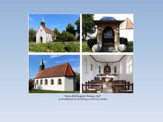 Attribute:
• Wunde am Obrschenkel
• Hund mit Brot
• Muschelhut und Pilgerstab´
• Engel als Begleiter
Der Pestheilige St. Rochus
Brunnenfigur, Roermond, Niederlande
Rochus-Kapellen
Düsseldorf 1667
1897 abgebrochen
Köln-Bickendorf 1667 Kemmerich 1668 Lindlar 17. Jhd. Sand (Bergisch-Gladbach)
1684.
Leuth (Niederrhein)
17. Jhd.
Olpe 1676 Bad Mingolsheim 1667
nach 1800 abgebrochen,
1895 neu errichtet
Bingen 1667
1795 zerstört 1814 neu erbaut
Maria-Hilf-Kapelle Wernau 1667
aus Dankbarkeit für die Rettung vor der Pest errichtet
 