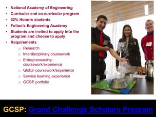 • National Academy of Engineering
• Curricular and co-curricular program
• 52% Honors students
• Fulton’s Engineering Academy
• Students are invited to apply into the
program and choose to apply
• Requirements
o Research
o Interdisciplinary coursework
o Entrepreneurship
coursework/experience
o Global coursework/experience
o Service learning experience
o GCSP portfolio
R 0
G 0
B 0
GCSP: Grand Challenge Scholars Program
 