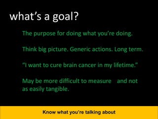 what’s a goal?
The purpose for doing what you’re doing.
Think big picture. Generic actions. Long term.
“I want to cure brain cancer in my lifetime.”
May be more difficult to measure and not
as easily tangible.
Know what you’re talking about
 