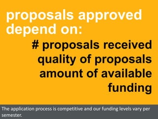 proposals approved
depend on:
# proposals received
quality of proposals
amount of available
funding
The application process is competitive and our funding levels vary per
semester.
 