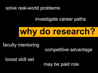faculty mentoring
solve real-world problems
why do research?
competitive advantage
boost skill set
investigate career paths
may be paid role
 