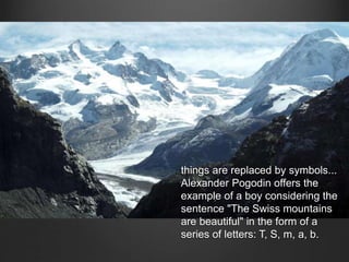 things are replaced by symbols...
Alexander Pogodin offers the
example of a boy considering the
sentence "The Swiss mountains
are beautiful" in the form of a
series of letters: T, S, m, a, b.
 