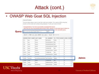 Attack (cont.)
• OWASP Web Goat SQL Injection
Admin
Query
43
 