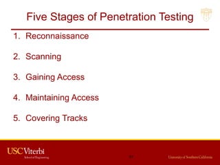 Five Stages of Penetration Testing
1. Reconnaissance
2. Scanning
3. Gaining Access
4. Maintaining Access
5. Covering Tracks
61
 