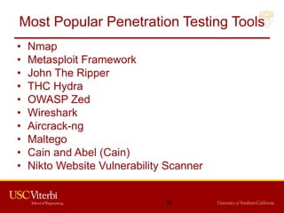 Most Popular Penetration Testing Tools
• Nmap
• Metasploit Framework
• John The Ripper
• THC Hydra
• OWASP Zed
• Wireshark
• Aircrack-ng
• Maltego
• Cain and Abel (Cain)
• Nikto Website Vulnerability Scanner
68
 