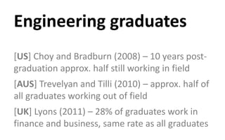 [US] Choy and Bradburn (2008) – 10 years post-
graduation approx. half still working in field
[AUS] Trevelyan and Tilli (2010) – approx. half of
all graduates working out of field
[UK] Lyons (2011) – 28% of graduates work in
finance and business, same rate as all graduates
Engineering graduates
 